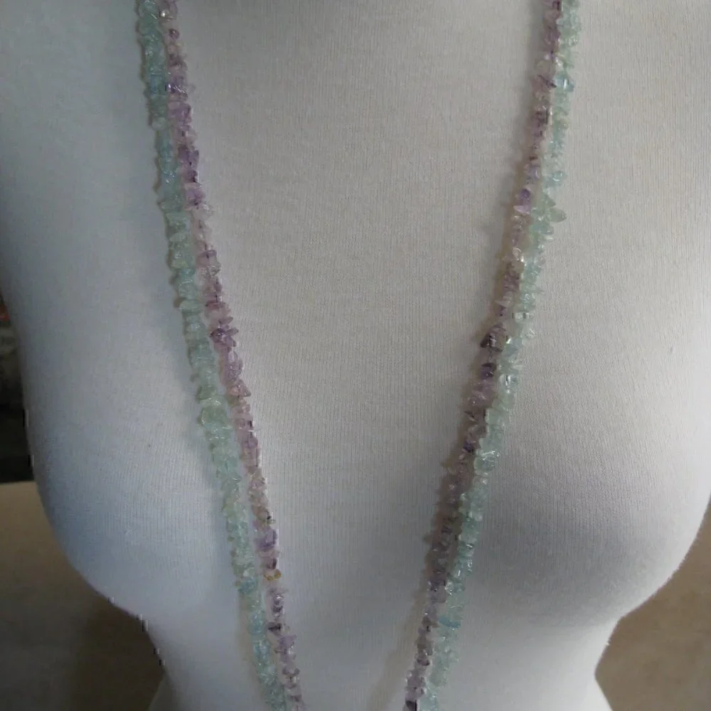 Vtg Amethyst & Aquamarine Chip Nugget Necklace Strand String Gemstone 35